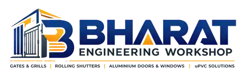 Bharat Engineering Workshop logo featuring gates, grills, rolling shutters, aluminium doors and windows, and uPVC solutions in Munger, Bihar